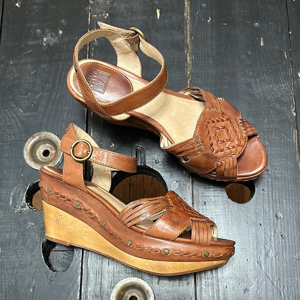 FRYE Carlie Huarache Ankle Brown Leather Wedge Sandals - Picture 5 of 14
